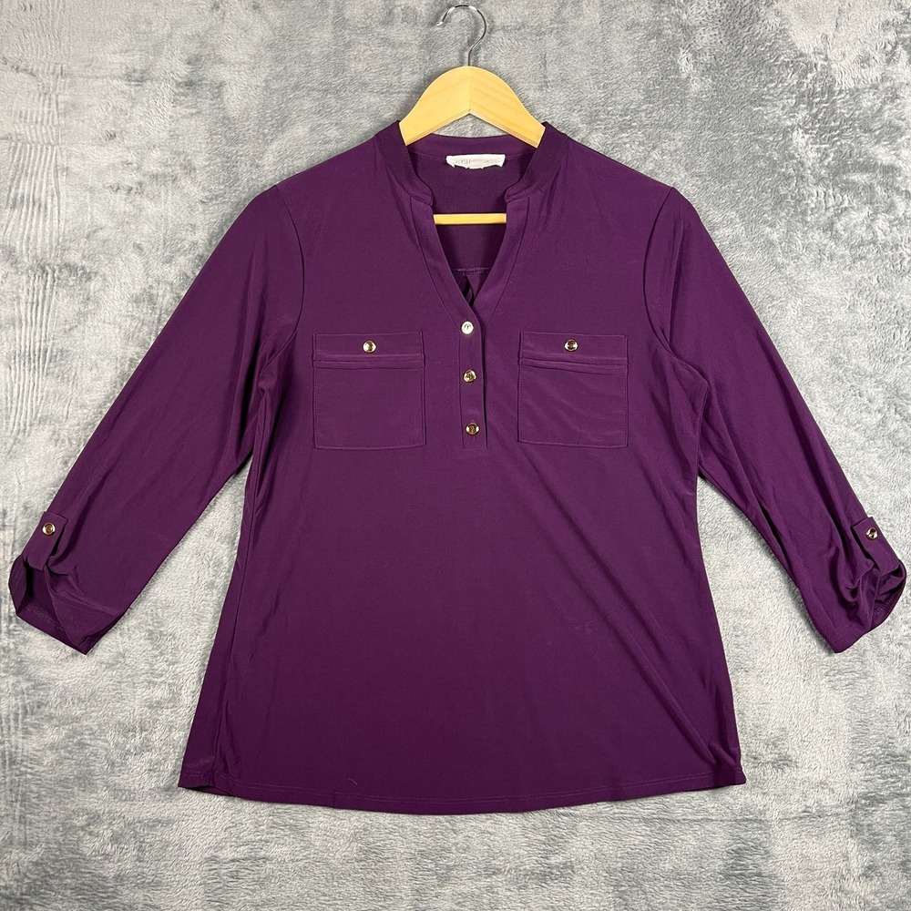 PerSeption Concept Blouse Top Womens Small Purple V Neck Roll Tab Sleeve Pleated